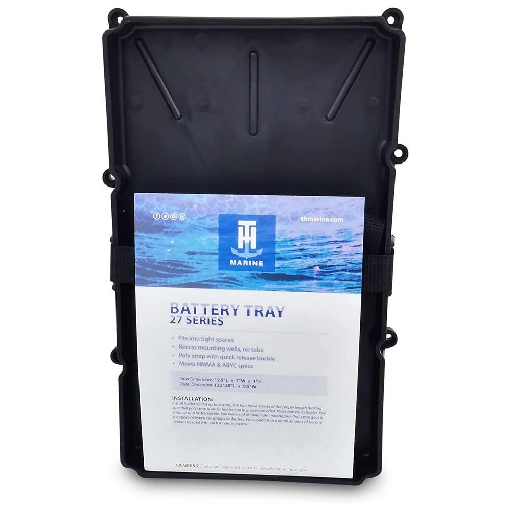 Narrow Battery Tray Holder T-H Marine with Poly Strap – Space Saving NMMA Certified Battery Tray with Recessed Mounting Wells for Marine, RV, and Trolling Motor Installations – Group 27, 12.5" x 7"