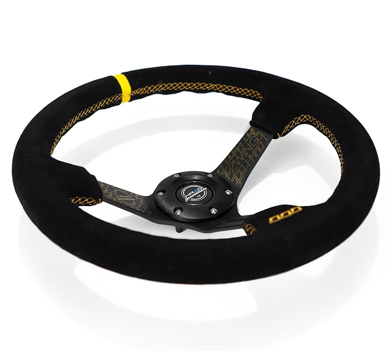 NRG Innovations Reinforced NRG-RST-018S-ZWING Steering Wheel 3" Deep, 5mm Matte Black Spoke, 350mm, Black Suede with Gold Stitching