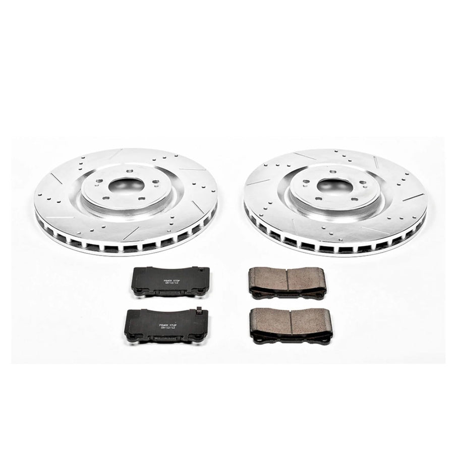Power Stop K4551 Z23 Carbon Fiber Brake Pads Front with Drilled & Slotted Brake Rotors Kit For Mitsubishi Lancer 2008-2015 [Model Specific]