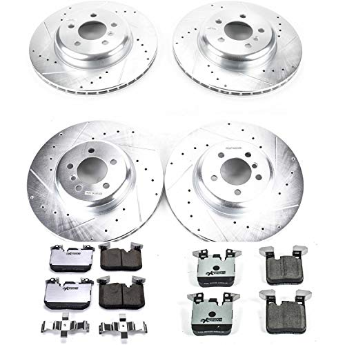 Power Stop K7436-26 Z26 Carbon Fiber Brake Pads Front and Rear with Drilled & Slotted Brake Rotors Kit and 1 Front & 1 Rear Sensor Wires