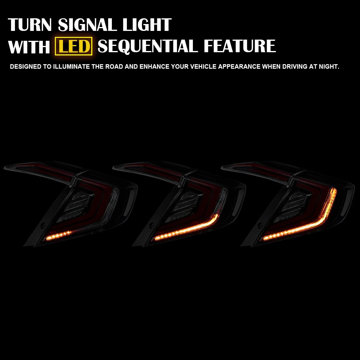 Glossy Black Smoke SPEC-D TUNING Tail Lights w/Red LED Bars, Sequential LED Turn Signal, and Startup Animation Compatible with 2016-2021 Honda Civic 4-Door Sedan, Left + Right Pair Assembly