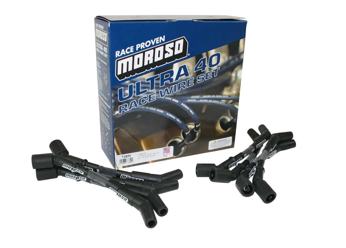 Moroso Ultra 40 73850 Spark Plug Wire Set in Black w/Black sleeve., Fits GM LS Engines, 8" Length w/ 135 Degree Plug Boots