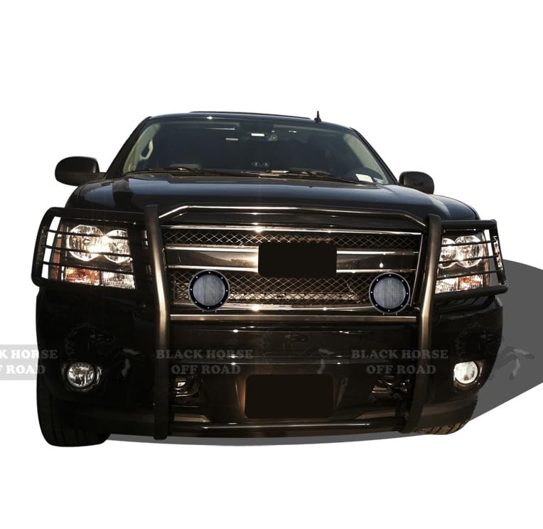 Grille Brush Black Horse Bumper Guard Modular Black Come with Pair of 5.3" LED Lights with Black Trim Rings Compatible with 2007-2013 Avalanche|2007-2014 Suburban 1500/Tahoe-17A037400MA-PLFB