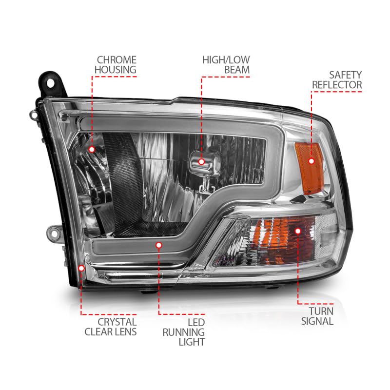 2009-2018 Ram ANZO 1500/2500/ 3500 Crystal Headlights w/Light Bar Chrome Housing