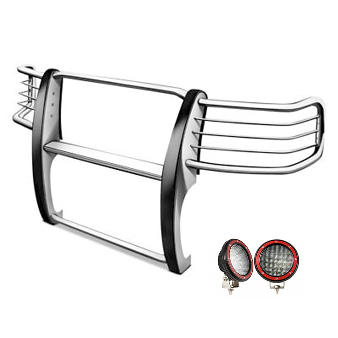 Bumper Guard Black Horse Grille brush Modular Stainless Steel Come With Pair of 5.3" Dia.LED Lights with Red Trim Rings Compatible with 2006-2018 Toyota RAV4-17A093902MSS-PLFR