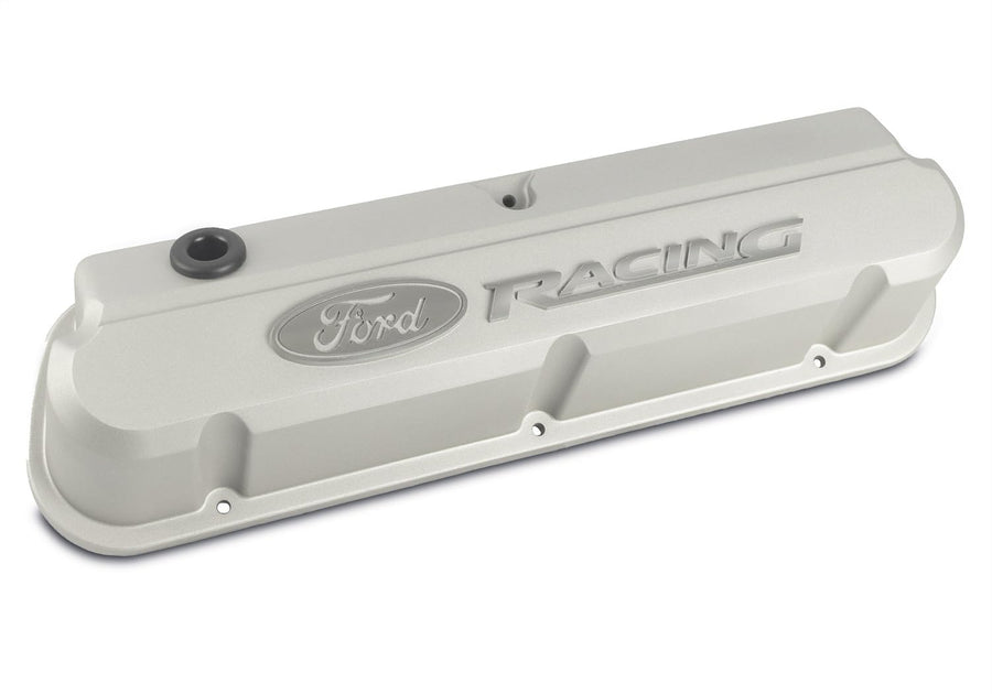 Slant-Edge Valve Cover, Tall, Baffled, Breather Hole, Raised Ford Racing Logo, Aluminum, Gray Crinkle Powder Coat