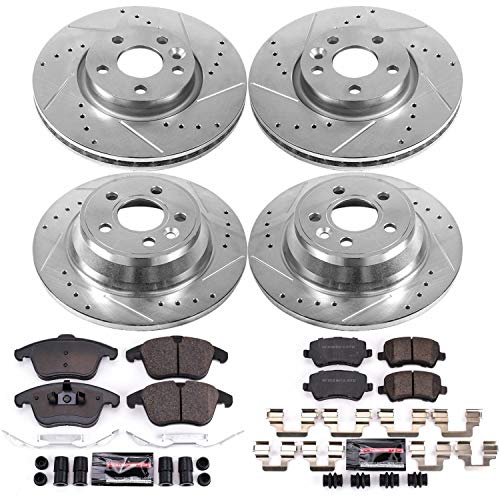 Power Stop K4119 Z23 Carbon Fiber Brake Pads Front and Rear with Drilled & Slotted Brake Rotors Kit