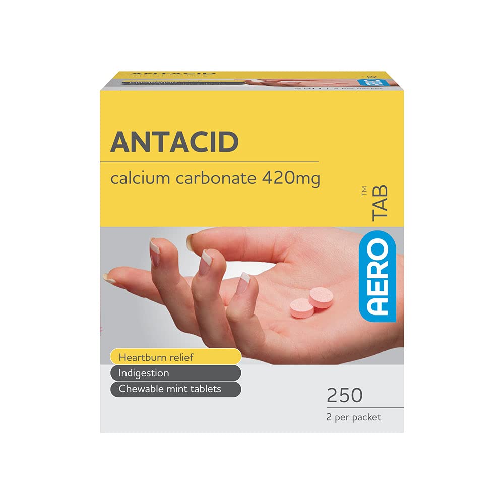 Aero Healthcare AEROTAB Mint Flavored Antacid Tablets ATAN250, 420mg Calcium Carbonate, 250 Tablets per Box