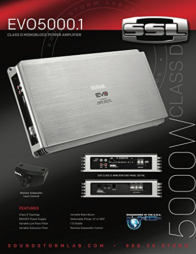 EVO5000.1 Sound Storm Laboratories 5000 Watt 1 Ohm Stable Class D Monoblock Car Amplifier with Remote Subwoofer Control
