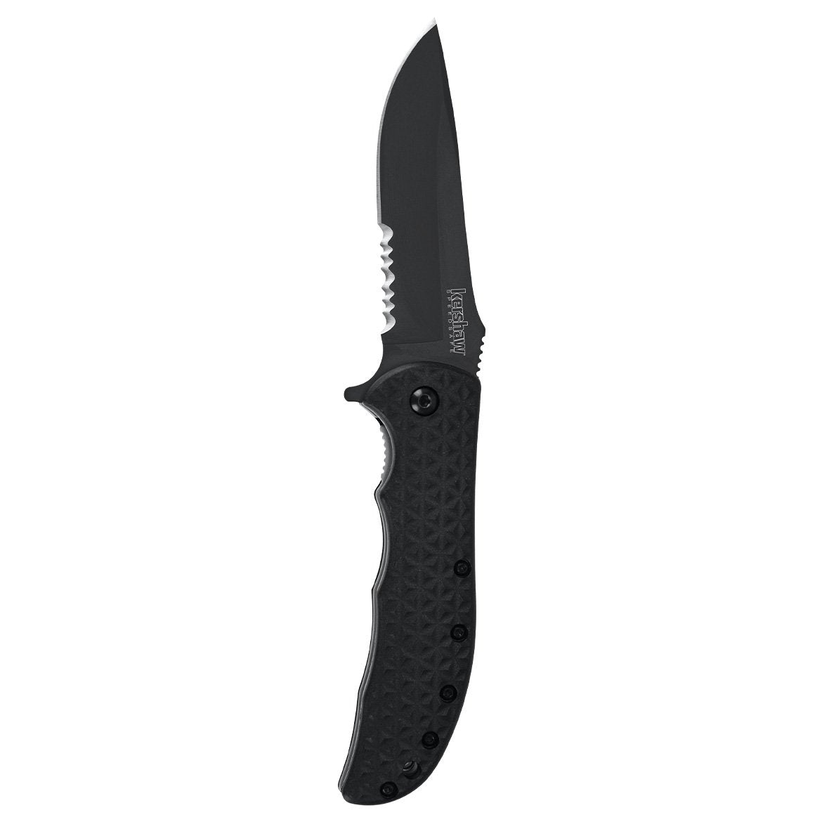 Kershaw Black Volt II Serrated Pocketknife, 3.25" 8Cr13MoV Steel Drop Point Blade, assisted opening Folding EDC, Liner Lock System