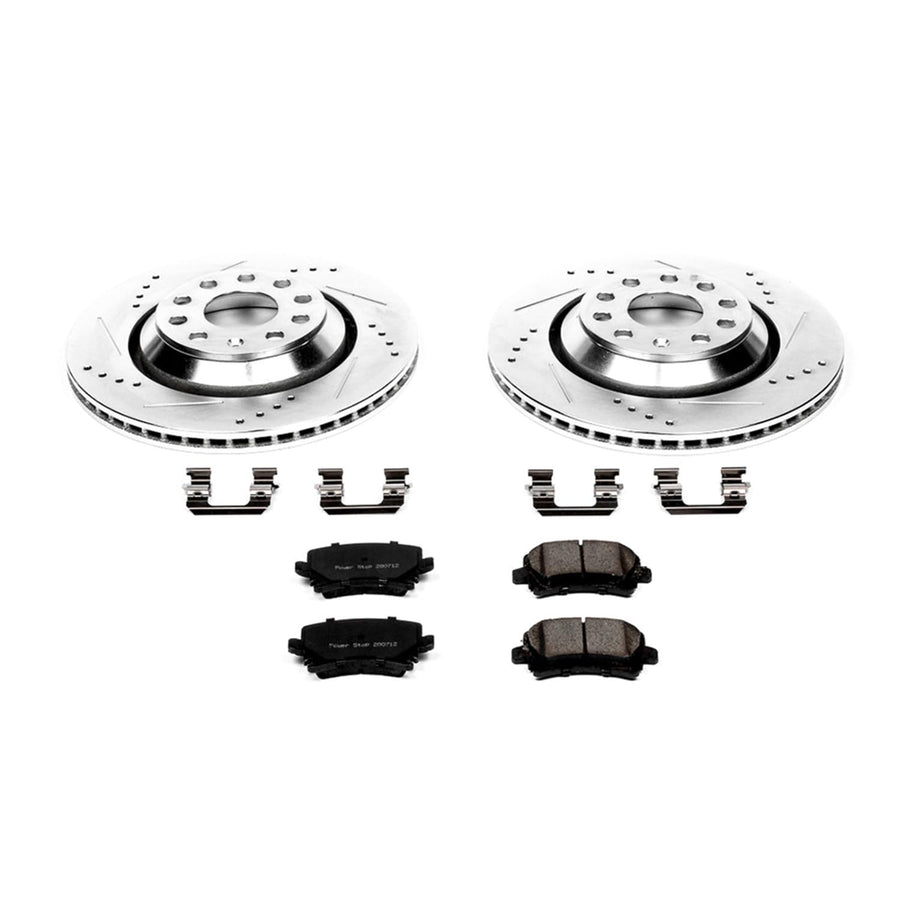 Power Stop K4628 Z23 Carbon Fiber Brake Pads Rear with Drilled & Slotted Brake Rotors Kit For VW CC, VW GTI, VW Golf R, VW Passat, Volkswagen [Model Specific]