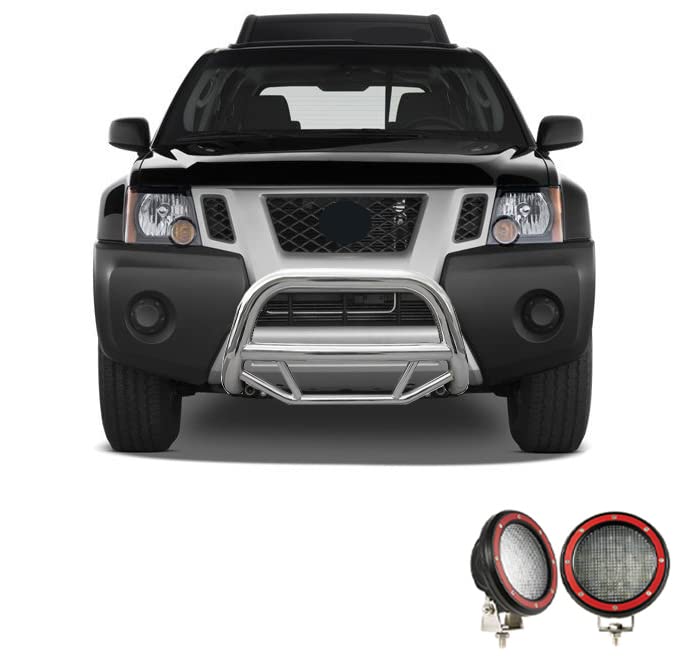 Max Bull Bar Black Horse Incl. Pair of 5.3" Dia.LED Lights w/Red Trim Rings No Skid Plate Stainless Steel Compatible with 05-21 Nissan Frontier|05-07 Nissan Pathfinder|05-15 Nissan Xterra