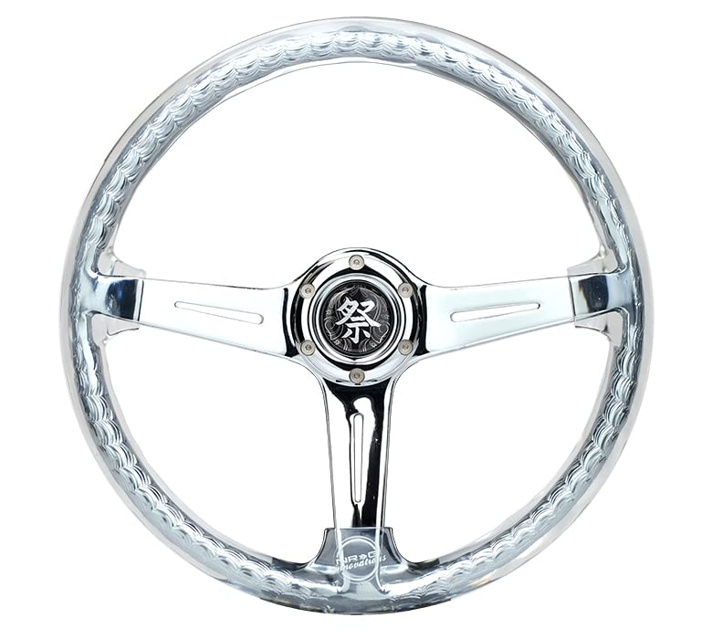 NRG Innovations Reinforced Steering Wheel NRG-RST-027CH-CL 350mm 2" Deep Dish Clear Acrylic Steering Wheel in Clear and Geometric NeoChrome Spoke Finish with Slits