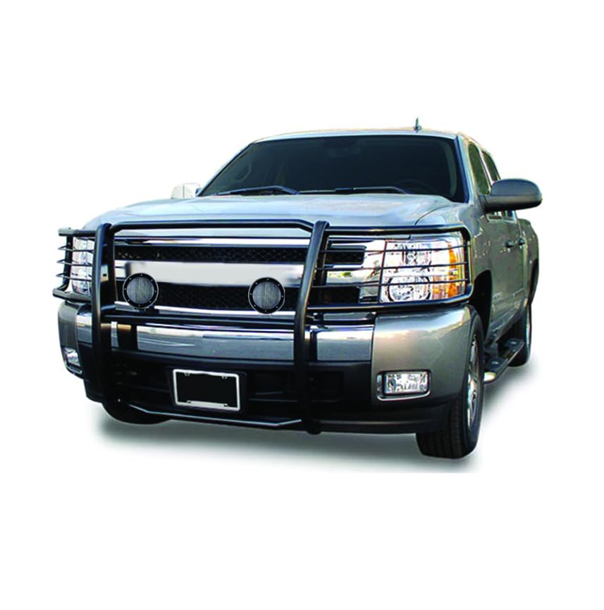 Grille Brush Black Horse Bumper Guard Modular Come with Pair of 5.3" Dia.LED Lights with Black Trim Rings Compatible with 2015-2019 Silverado 2500 HD|2015-2019 Silverado 3500 HD-17GT28MA-PLFB