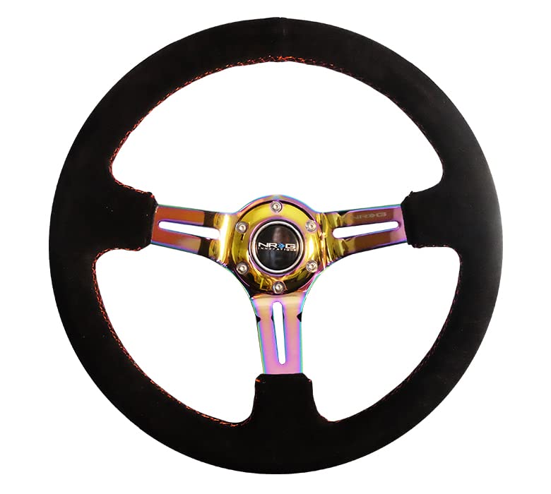 NRG Innovations Reinforced NRG-RST-018S-MCRS Steering Wheel 350mm 75mm Deep Sport Steering Wheel Suede (3" Deep) Red Stitch With Slits In Neochrome Double Riveted Spokes