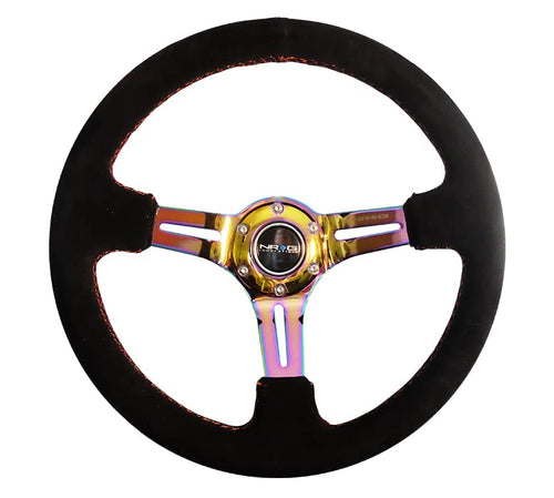 NRG Innovations Reinforced NRG-RST-018S-MCRS Steering Wheel 350mm 75mm Deep Sport Steering Wheel Suede (3" Deep) Red Stitch With Slits In Neochrome Double Riveted Spokes