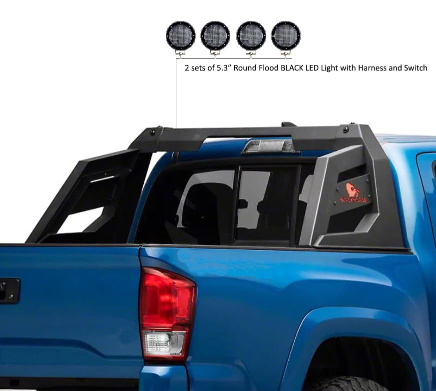 Armour Black Horse Roll Bar Incl. Set of 5.3" Dia.LED Lights w/Black Trim Rings Matte Black Compatible with 2015-2024 Chevrolet Colorado|2015-2024 GMC Canyon|2015-2024 Toyota Tacoma-RB-AR3B-PLFB
