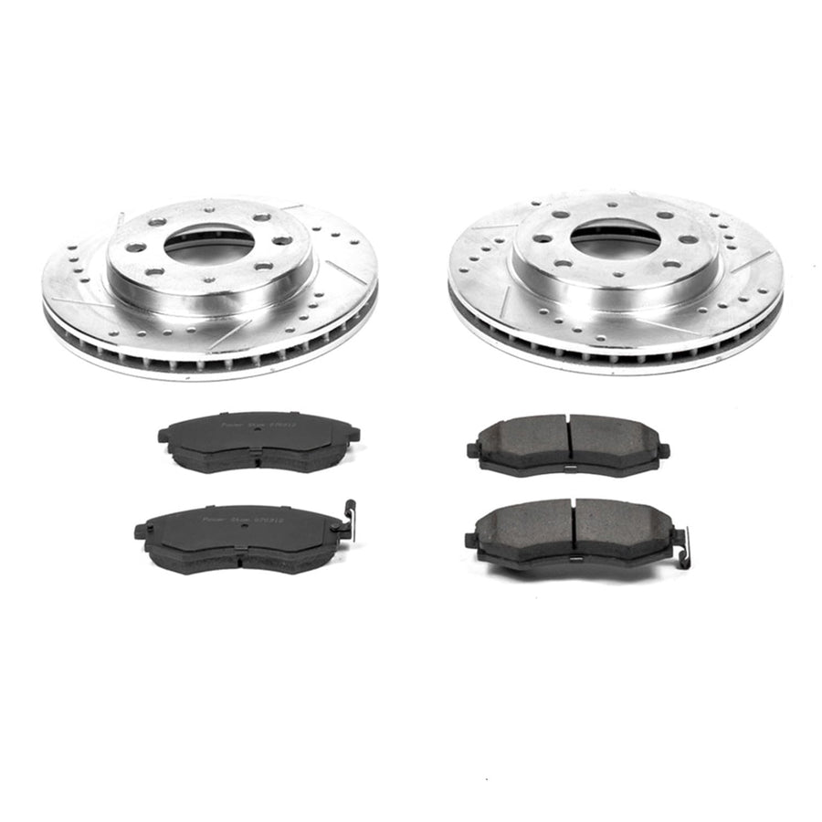 Power Stop K1087 Z23 Carbon Fiber Brake Pads Front with Drilled & Slotted Brake Rotors Kit For Hyundai Elantra, Hyundai Elantra, Hyundai Sonata, Hyundai Tiburon [Model Specific]