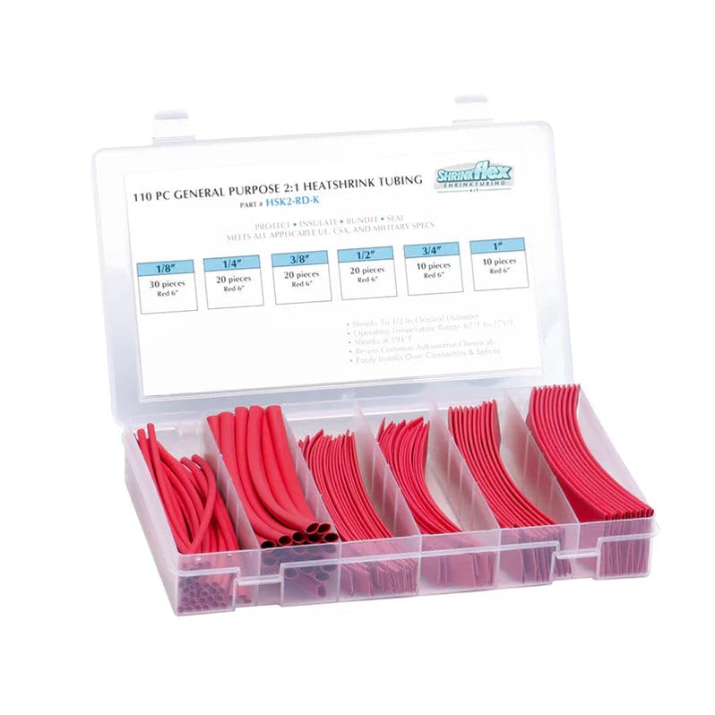 TUBING KIT: Shrink 110 PCS, 6" Lengths, 6 Sizes(1/8" to 1"), 2:1 Heat Shrink TUBING, RED