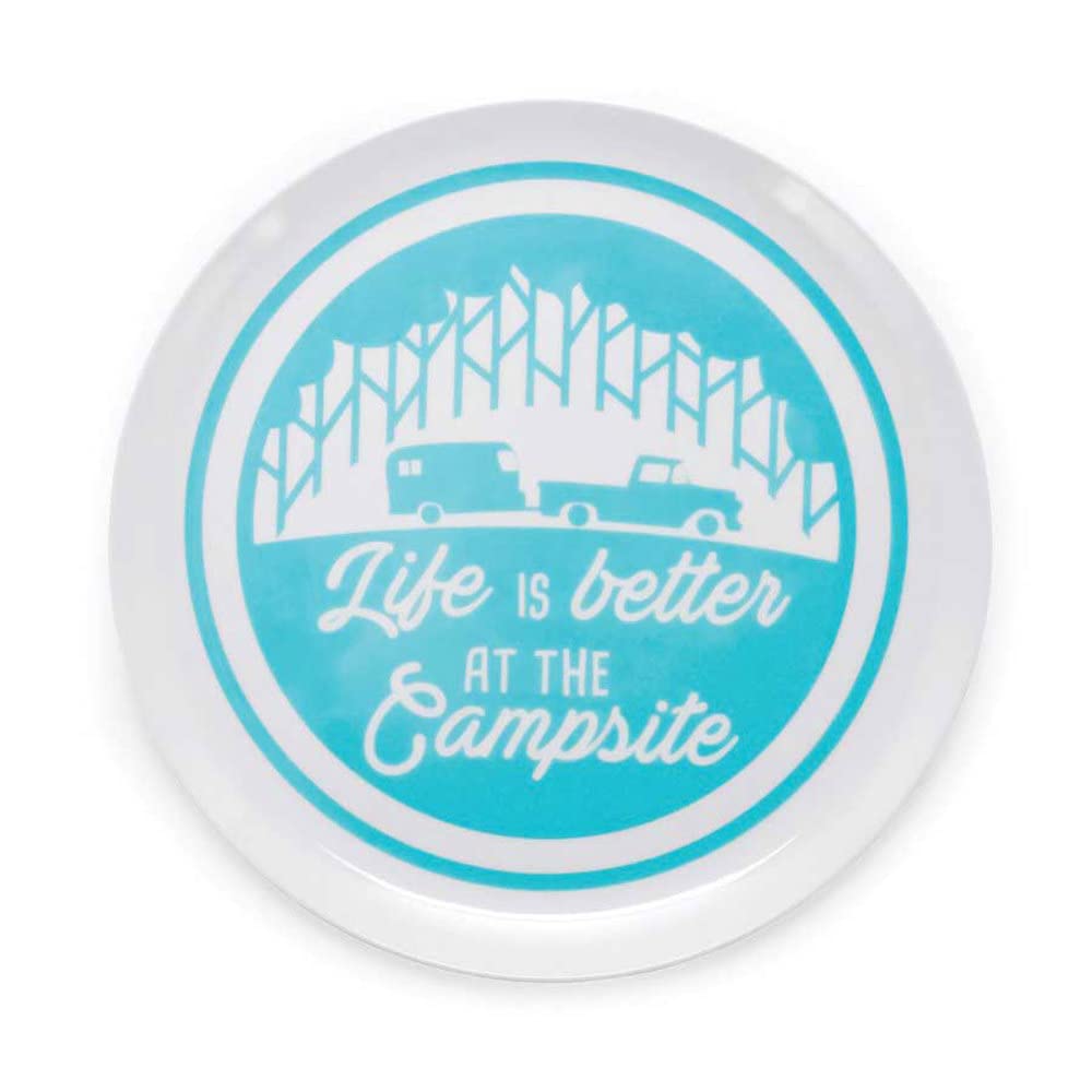 Camco Large Dinner Plate is Better at The Campsite - White with Teal and Navy Retro RV, Camper, and Trailer Print, BPA Free, Melamine (53227)