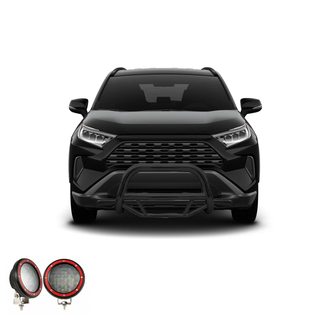 Max Bull Bar Black Horse Incl. Pair of 5.3" Dia.LED Lights w/Red Trim Rings No Skid Plate Black Compatible with 2019-2024 Toyota RAV4|2021-2024 Toyota Venza-MBB-TOB4802-PLFR