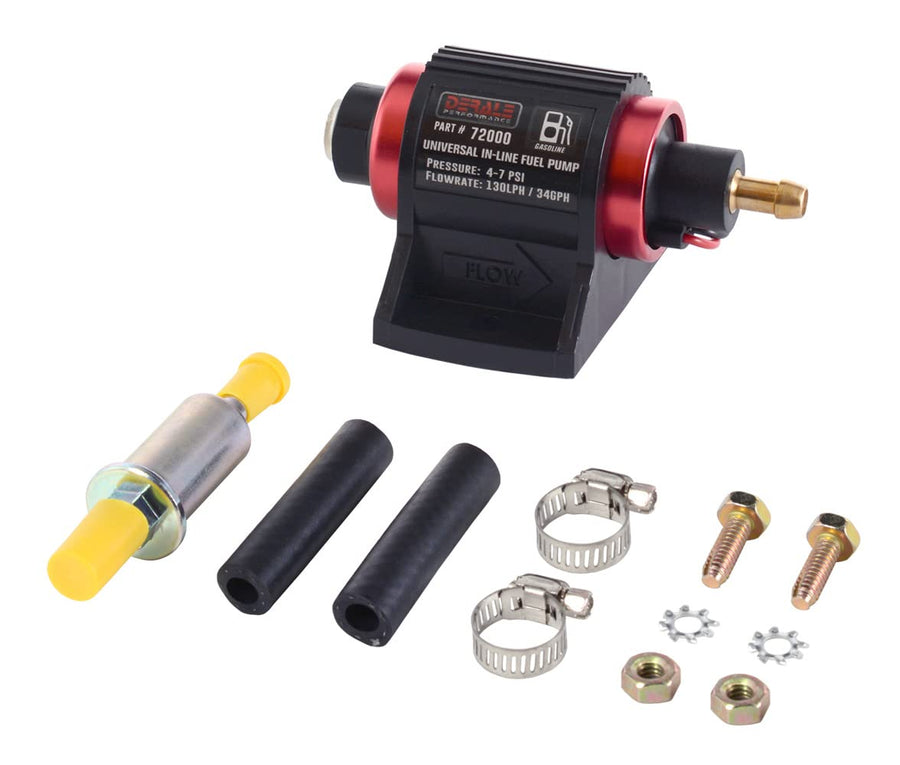 Derale Electric Fuel Pump, In-Line, 34 gph at 7 psi, 1/8 in NPT Female Inlet, 3/8 in Hose Barb Outlet, Aluminum, Red/Black Anodized, Gas, Kit