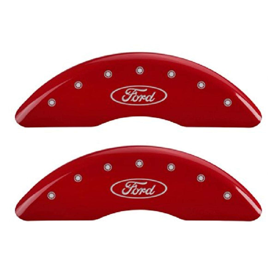 Brake Caliper Covers MGP for Ford F-250/F-350 Super Duty with Red Powder Coat Finish Engraved Silver Ford Logo, Front and Rear Caliper Cover (Set of 4)