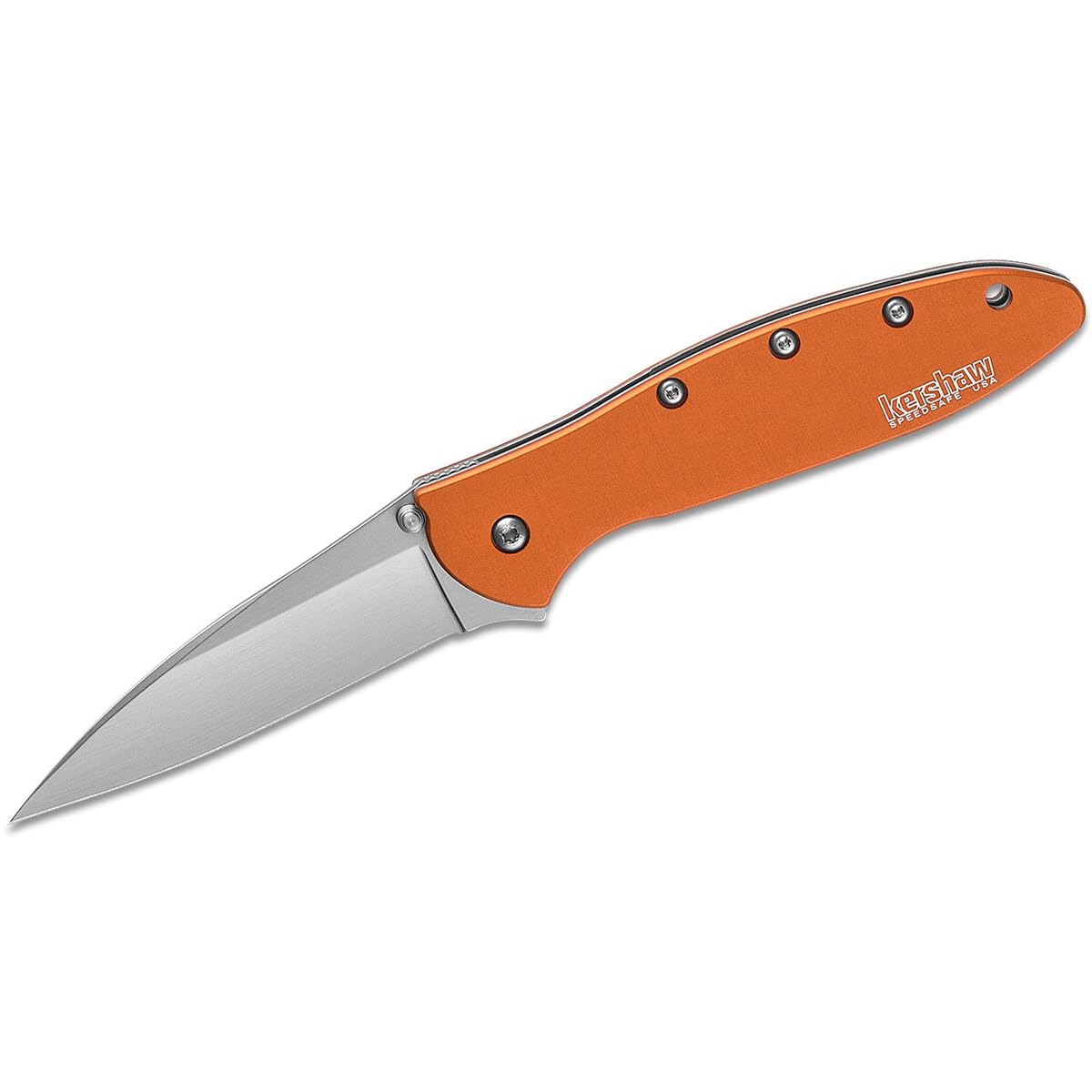 Orange Kershaw Leek Pocket Knife (1660OR), 3 Bead-Blasted High-Performance Sandvik 14C28N Steel Blade, Orange Anodized Aluminum Handle, SpeedSafe Assisted Opening, Liner and Tip Lock Slider; 2.4 OZ