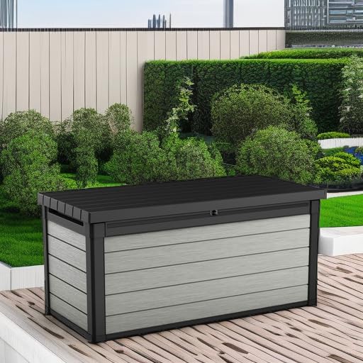 Keter 150 Gallon Denali Resin Large Deck Box with Double Wall 20mm Panels - Paintable and Drillable-Organization and Storage for Patio Furniture and Outdoor Items, Grey & Black
