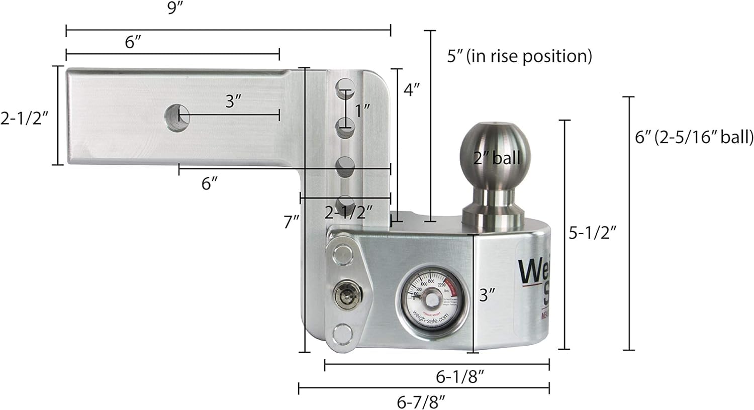 Weigh Safe Adjustable Aluminum Trailer Hitch - Towing Hitch with Built-In Tongue Weight Scale - Compatible with 2.5" Receivers - 4" Drop, Stainless Steel Tow Balls, 18,500 GTW, 2-Piece Lock Set
