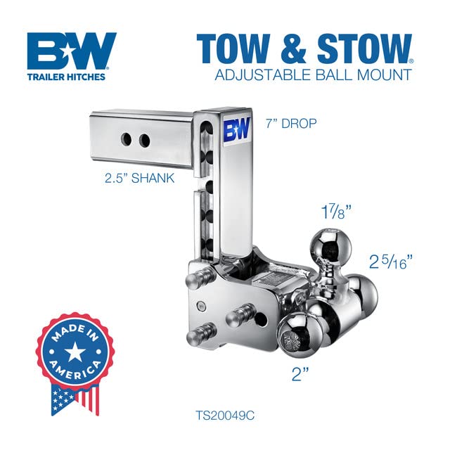 B&W Trailer Hitches Tow & Stow Chrome Adjustable Trailer Hitch Ball Mount - Fits 2.5" Receiver, Tri-Ball (1-7/8" x 2" x 2-5/16"), 7" Drop, 18,000 GTW - TS20049C