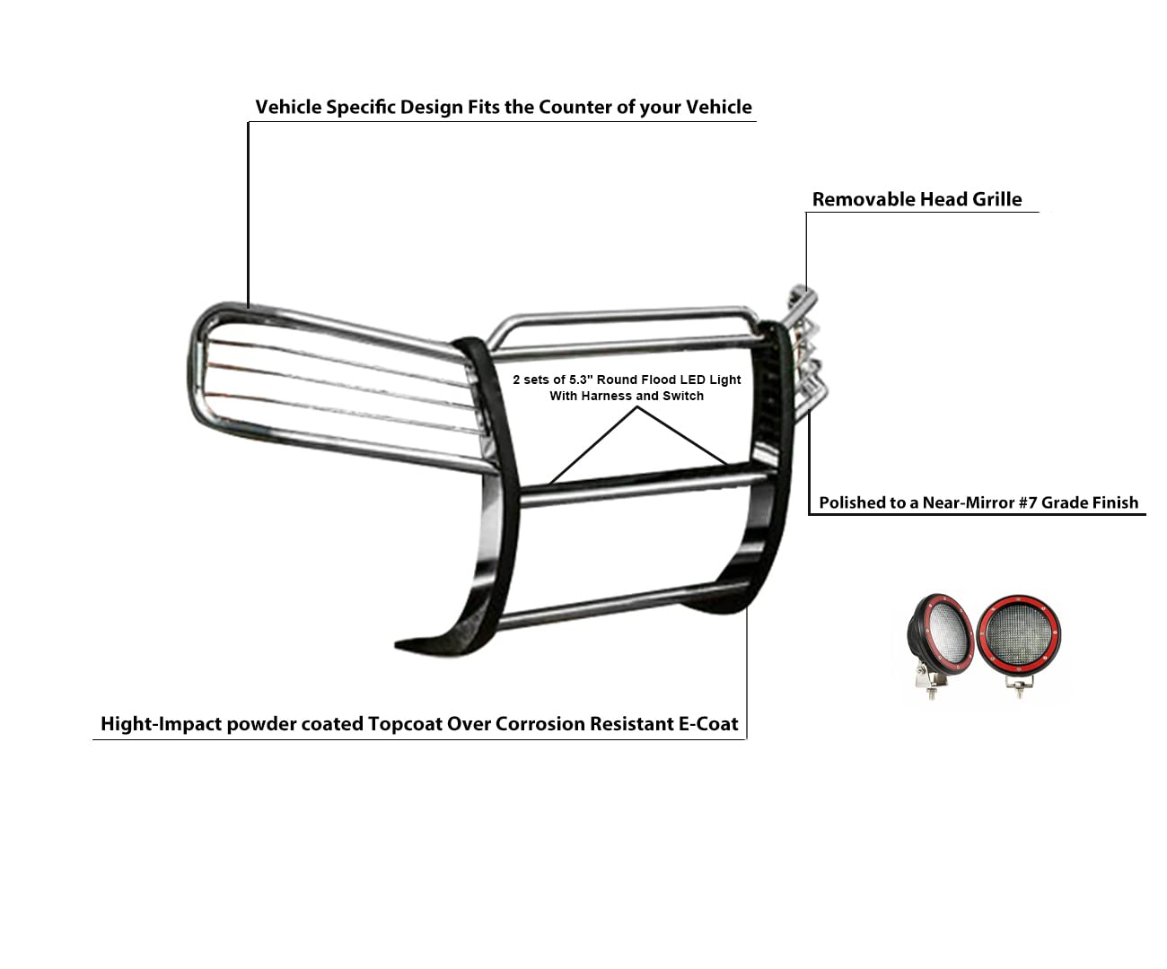 Bumper Guard Black Horse Grille Brush Modular Stainless Steel Come with Pair of 5.3" Dia.LED Lights with Red Trim Rings Compatible with 2002-2009 GMC Envoy-17GD26MSS-PLFR