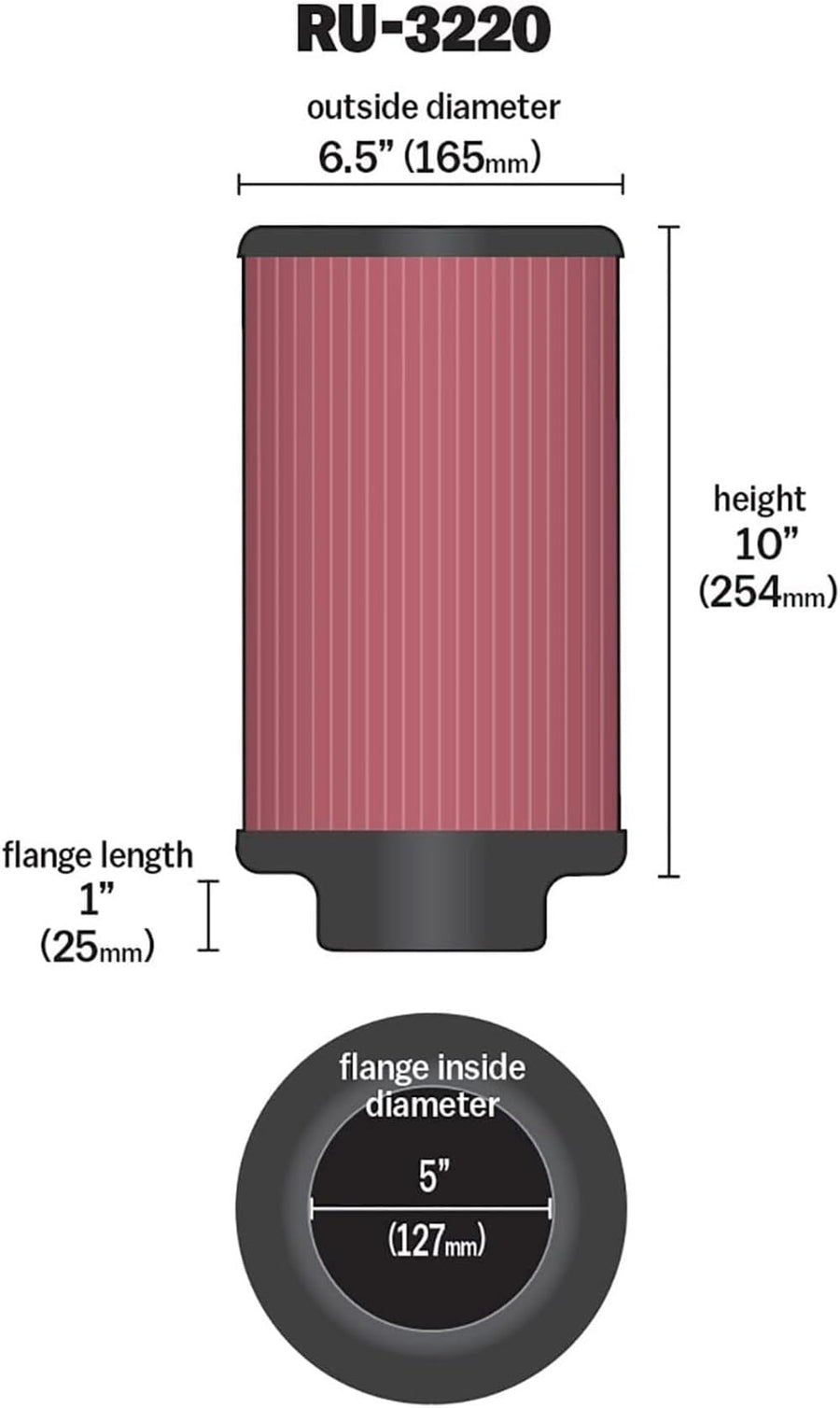 High-Flow K&N Original Lifetime Universal Clamp-On Air Filter: High Performance, Premium, Washable: Flange Diameter: 5 In, Filter Height: 10 In, Flange Length: 1 In, Shape: Round, RU-3220