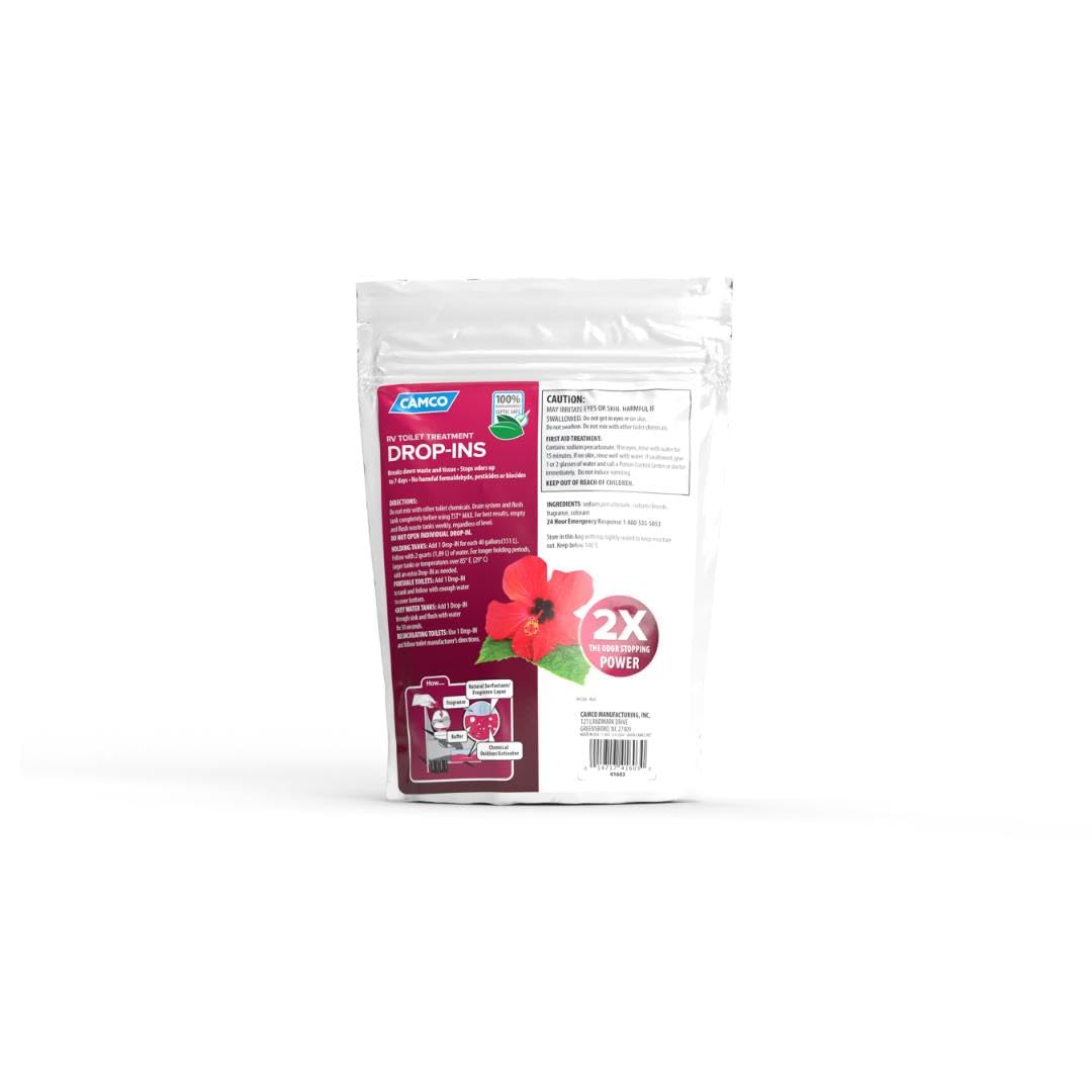 Camco TST MAX Drop-INs RV Toilet Treatment - Control Unwanted Odors and Break Down Waste and Tissue - Septic Tank Safe - Hibiscus Breeze Scent - 10-pack (41603)