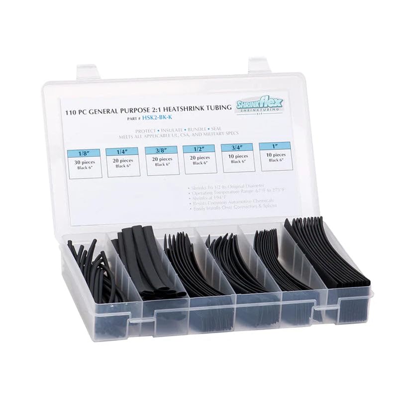 TUBING KIT: Shrink 110 PCS, 6" Lengths, 6 Sizes(1/8" to 1"), 2:1 Heat Shrink TUBING, Black