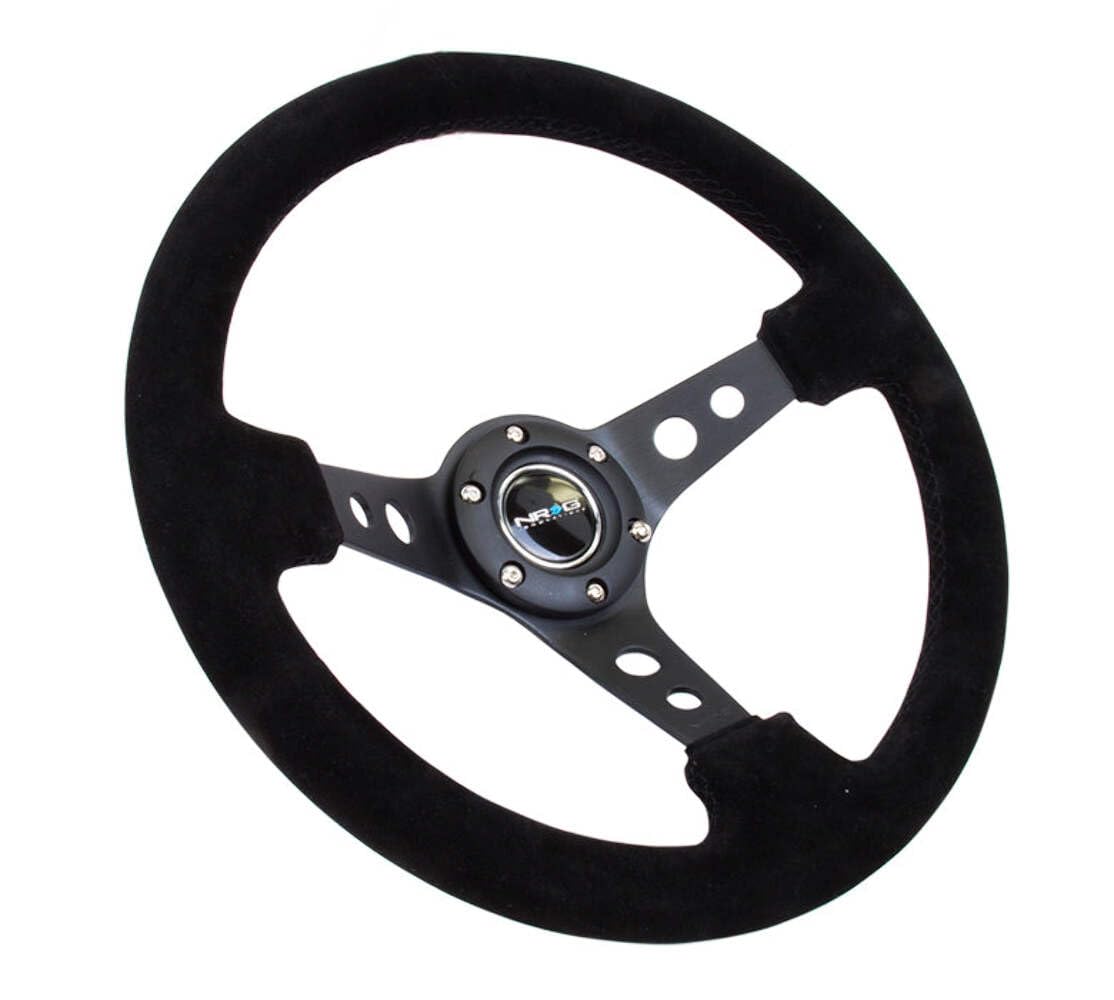 NRG Innovations Reinforced NRG-RST-006-S Steering Wheel 350mm Sport Steering Wheel (3" Deep), Black Spoke Suede Black Stitch