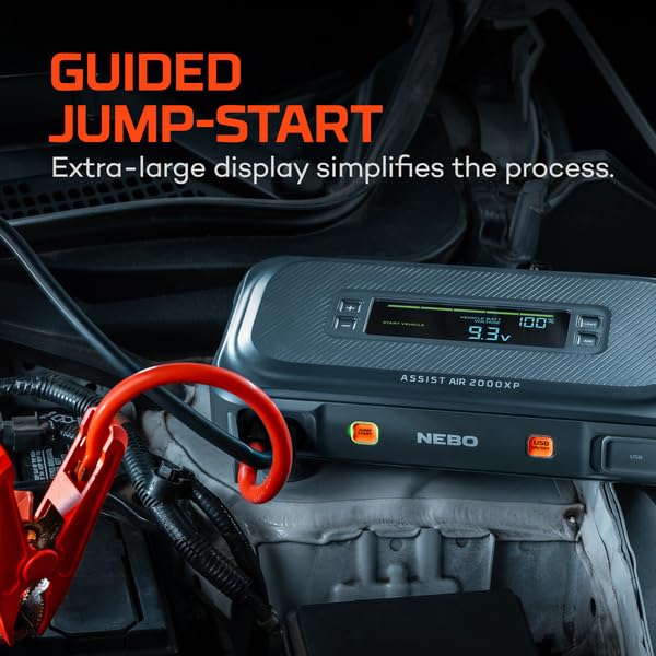 NEBO Air Assist 2000XP Jump Starter and Compressor | 55.5Wh Power Supply Box Restarts 12V Battery Vehicles, 150 PSI Inflates Tires, Integrated Floodlight, USB Ports, TSA Approved