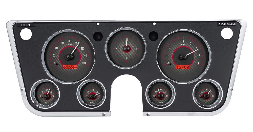 Dakota Digital VHX-67C-PA-C-R Analog Gauge System Compatible with 1967-72 Chevy Pickup Truck with Analog Clock Carbon Fiber Red Backlighting
