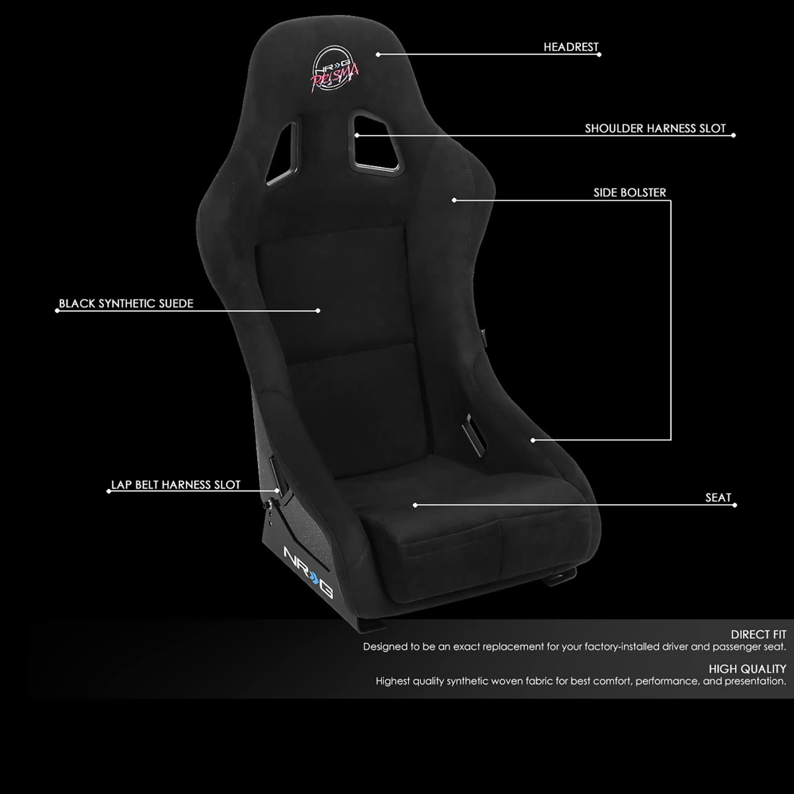 NRG Innovations Universal Fixed Back NRG-FRP-303BK-PRISMA Bucket Racing Seat for 5-Point Harnesses, Size M, Black Alcantara Material, 22" W X 34" H X 16" D
