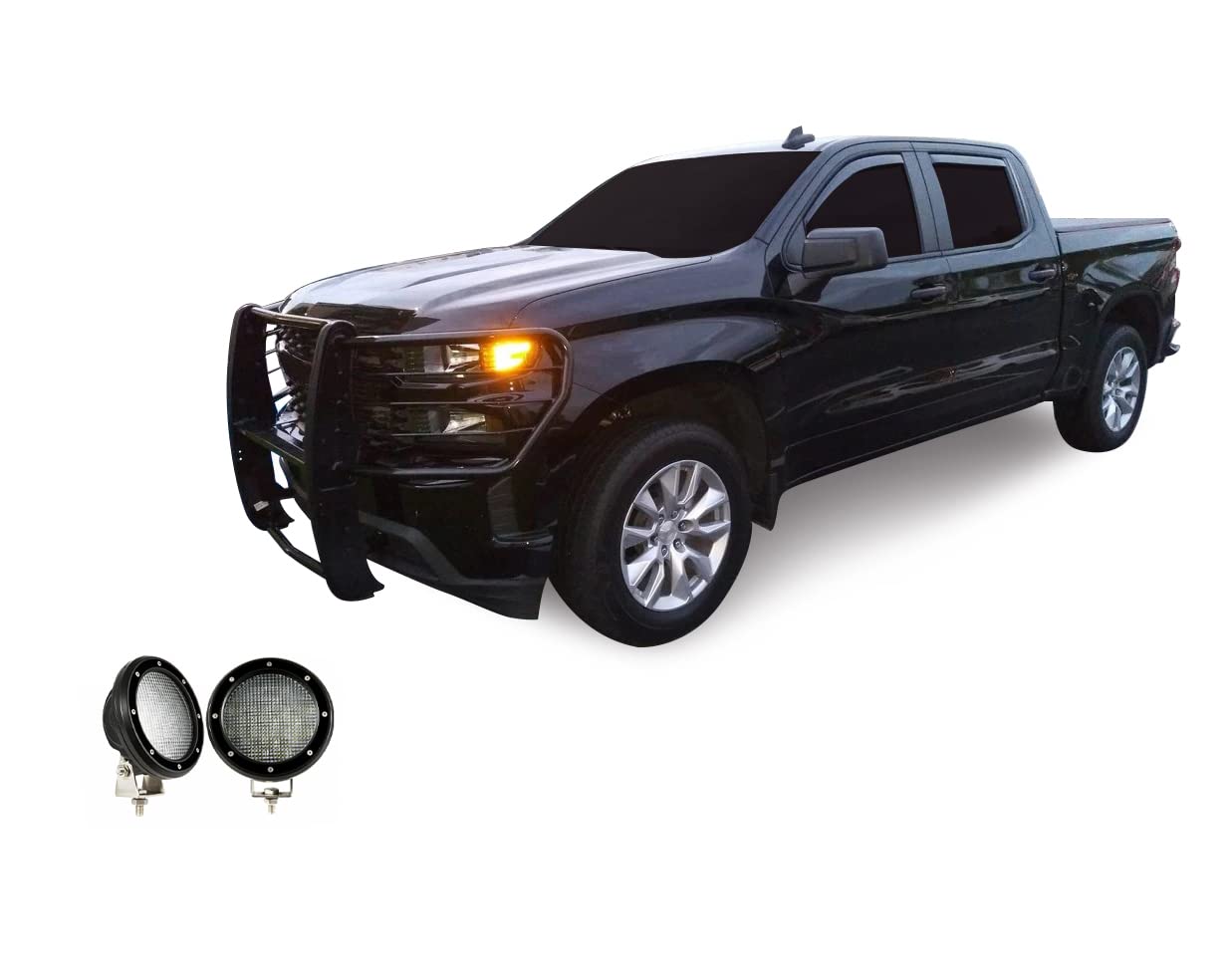 Bumper Guard Black Horse Grille Brush Modular Black Come with Pair of 5.3" Dia.LED Lights with Black Trim Rings Compatible with 2019-2021 Silverado 1500|2022-2022 Silverado 1500 LTD -17GT29MA-PLFB