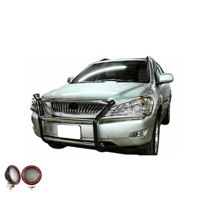 Grille Brush Black Horse Bumper Guard Modular Stainless Steel Come with Pair of 5.3" Dia.LED Lights with Red Trim Rings Compatible with 2004-2006 Lexus RX330|2007-2009 Lexus RX350-17G80330MSS-PLFR