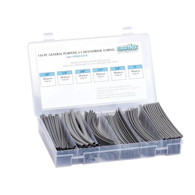 TUBING KIT: Shrink 110 PCS, 6" Lengths, 6 Sizes(1/8" to 1"), 2:1 Heat Shrink TUBING, Gray