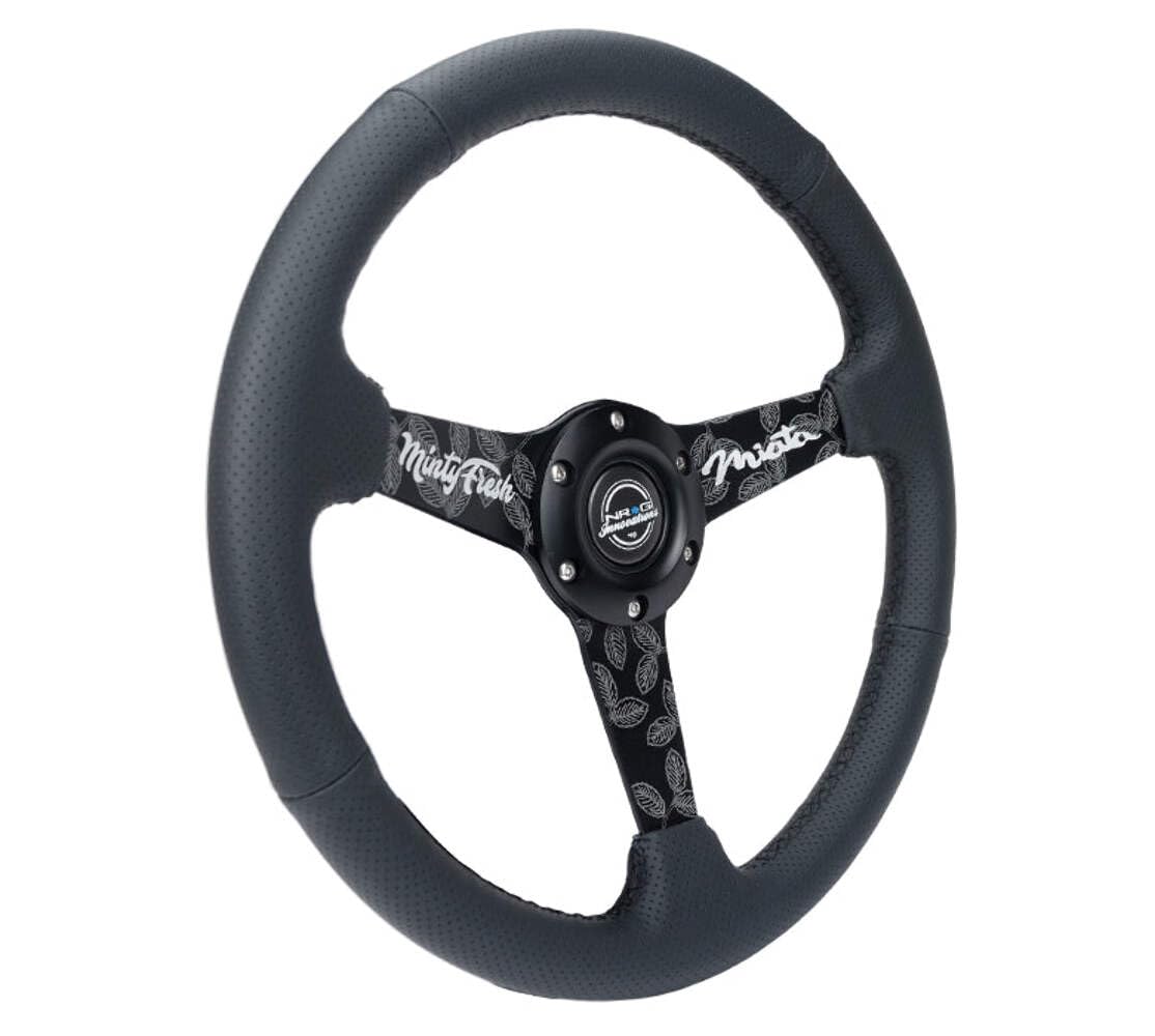 NRG Innovations 350mm NRG-RST-037MB-MF Sport Steering Wheel (1.5' deep) Black Perforated Leather with Black Stitching - Matte Black Solid Spokes