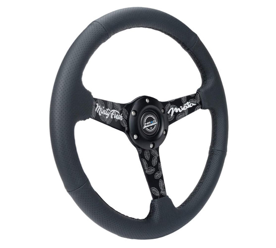 NRG Innovations 350mm NRG-RST-037MB-MF Sport Steering Wheel (1.5' deep) Black Perforated Leather with Black Stitching - Matte Black Solid Spokes