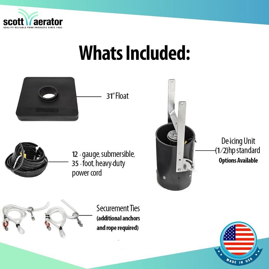 Aerator Scott Floating De-Icer for Lakes & Ponds | 3/4 Horse Power 230V Stainless Steel | 35 ft. Electric Corded Cable Included | Made in USA
