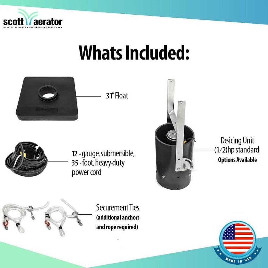 Aerator Scott Floating De-Icer for Lakes & Ponds | 3/4 Horse Power 230V Stainless Steel | 35 ft. Electric Corded Cable Included | Made in USA