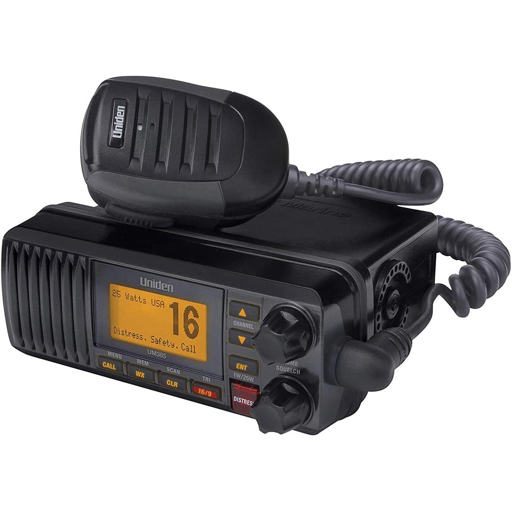 Uniden 25 Watt UM385BK Fixed Mount Marine VHF Radio, Waterproof, Noaa Weather Alert, All USA/Intl/Canadian Marine Channels
