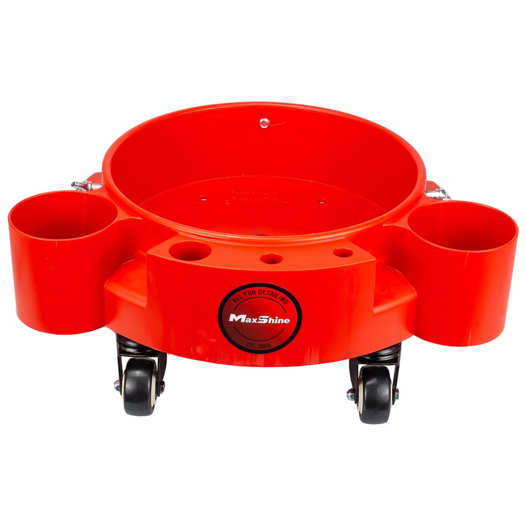 5 Gallon Maxshine Universal Rolling Bucket Dolly (Red) | Heavy-Duty Detailing Bucket Cart with 5 Wheels & 2 Locking Casters | Mobile Organizer for Compounds, Brushes & Car Wash Supplies