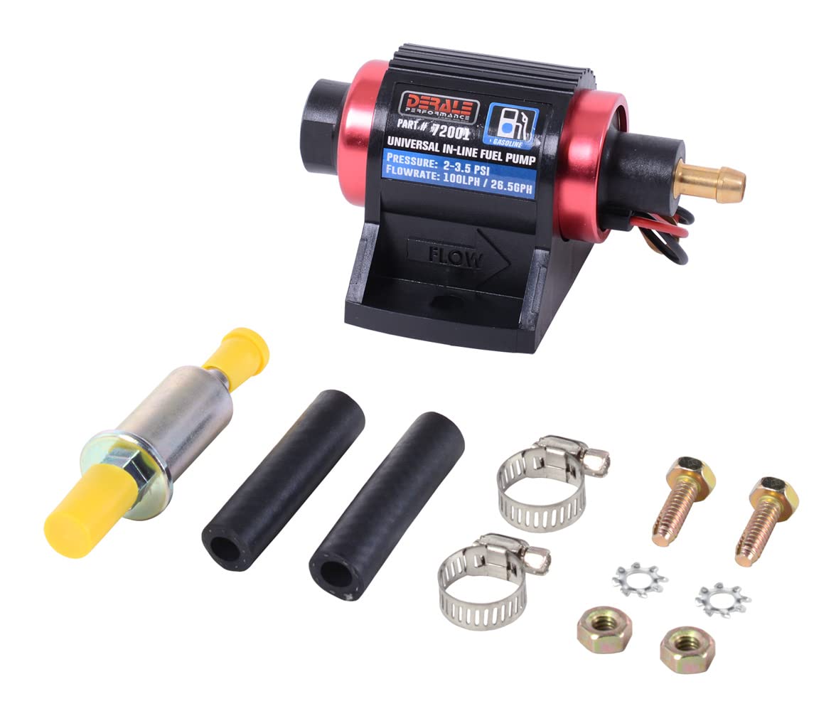 Derale Electric Fuel Pump, In-Line, 26 gph at 3.5 psi, 1/8 in NPT Female Inlet, 3/8 in Hose Barb Outlet, Aluminum, Red/Black Anodized, Gas, Kit