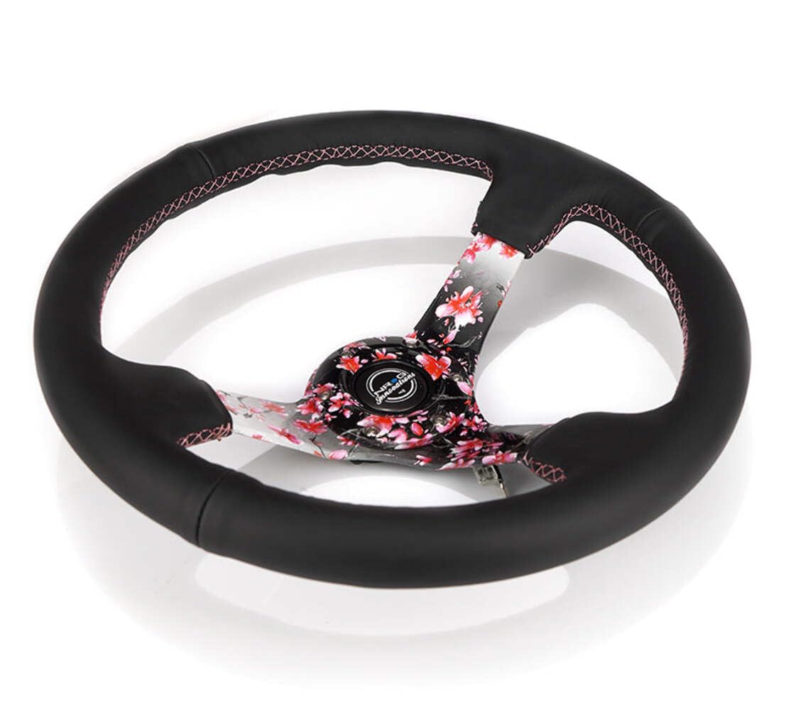 NRG Innovations Reinforced NRG-RST-036SAK-R Steering Wheel, Hydro Dipped Sakura Floral 3" Deep, 5mm Spoke, 350mm, Pink Suede with Black Baseball Stitching